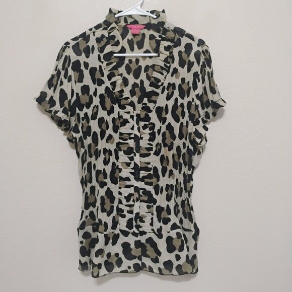 Sunny Leigh Leopard Print Ruffle Blouse Sheer Short Sleeve XL - Picture 2 of 5